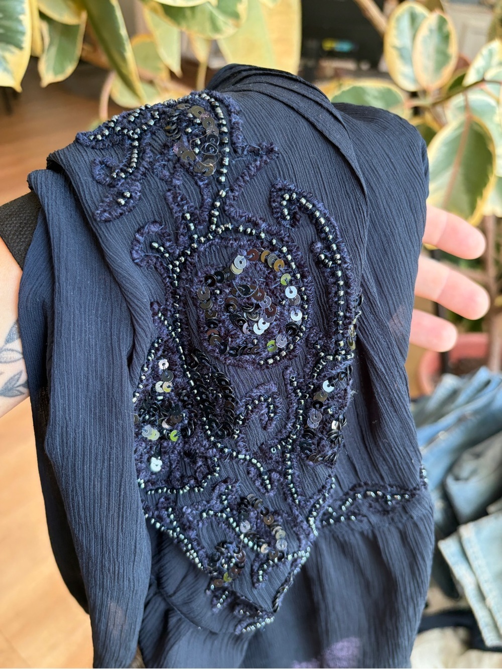 Maeve Navy Beaded Chiffon Peplum Blouse Sheer Long Sleeve Small Anthropologie - Picture 8 of 8